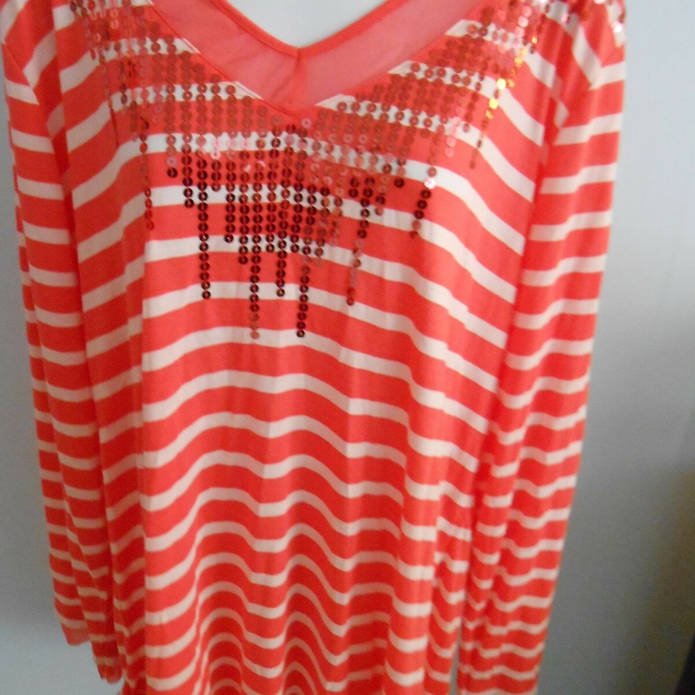 RXB Women's Plus Size Orange White Stripe V-neck Sequin Accents Top NWT 1 X